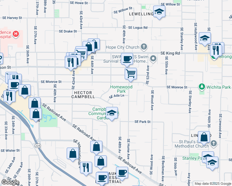 map of restaurants, bars, coffee shops, grocery stores, and more near 4871 Southeast Ada Lane in Milwaukie
