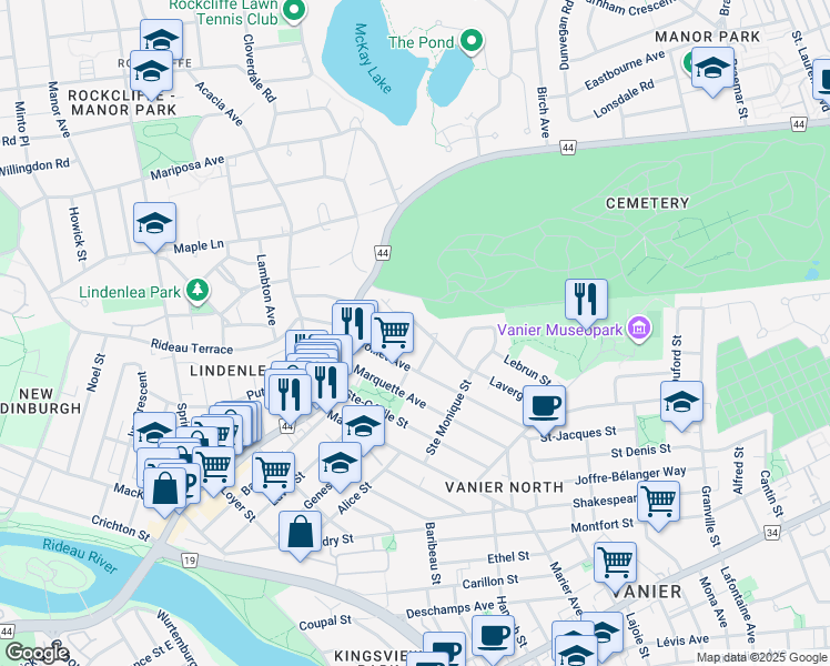 map of restaurants, bars, coffee shops, grocery stores, and more near in Ottawa