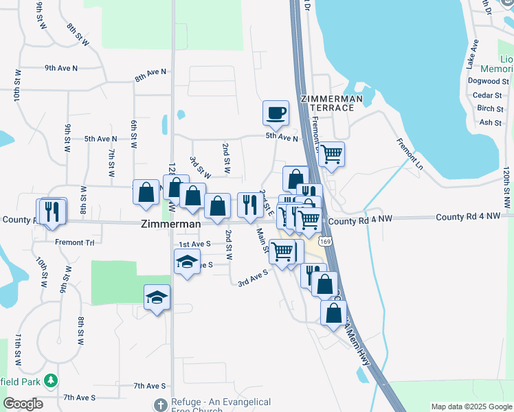map of restaurants, bars, coffee shops, grocery stores, and more near 26125 Main Street in Zimmerman