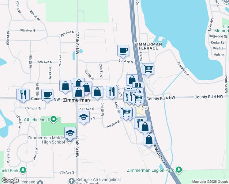 map of restaurants, bars, coffee shops, grocery stores, and more near 26125 Main Street in Zimmerman