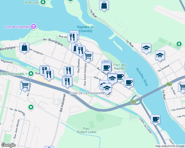 map of restaurants, bars, coffee shops, grocery stores, and more near 17 Rue Galipeau in Chambly