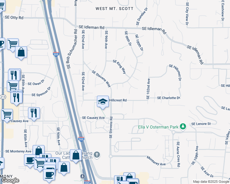 map of restaurants, bars, coffee shops, grocery stores, and more near 10900 Southeast Stevens Way in Happy Valley