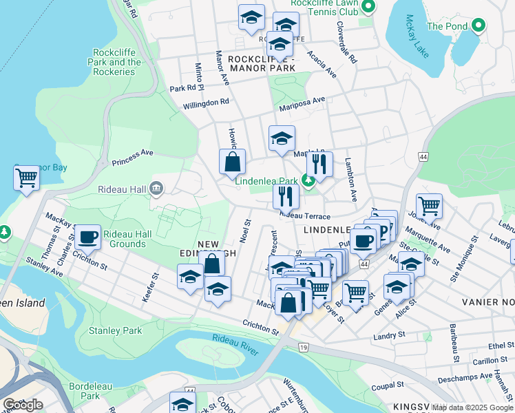 map of restaurants, bars, coffee shops, grocery stores, and more near 37 Rideau Terrace in Ottawa