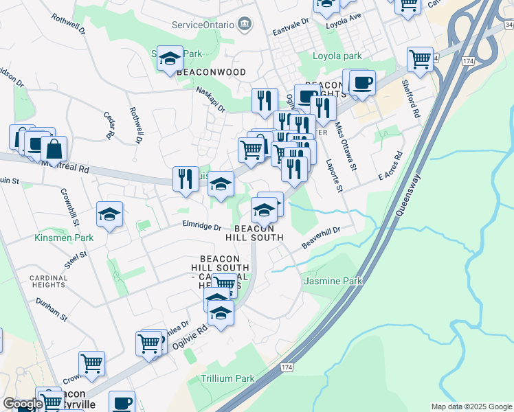 map of restaurants, bars, coffee shops, grocery stores, and more near 1426 Bethamy Lane in Ottawa