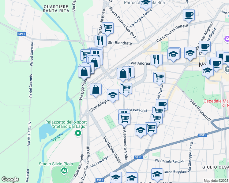 map of restaurants, bars, coffee shops, grocery stores, and more near 12 Viale Allegra Giacomo in Novara