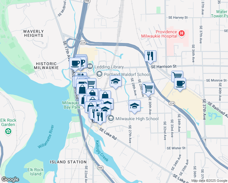 map of restaurants, bars, coffee shops, grocery stores, and more near 10955 Southeast 25th Avenue in Milwaukie