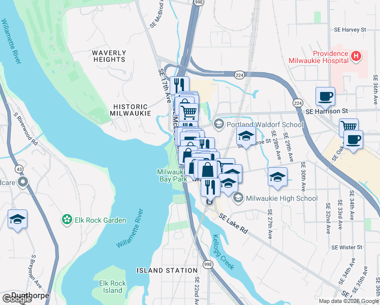 map of restaurants, bars, coffee shops, grocery stores, and more near 10883 Southeast Main Street in Milwaukie
