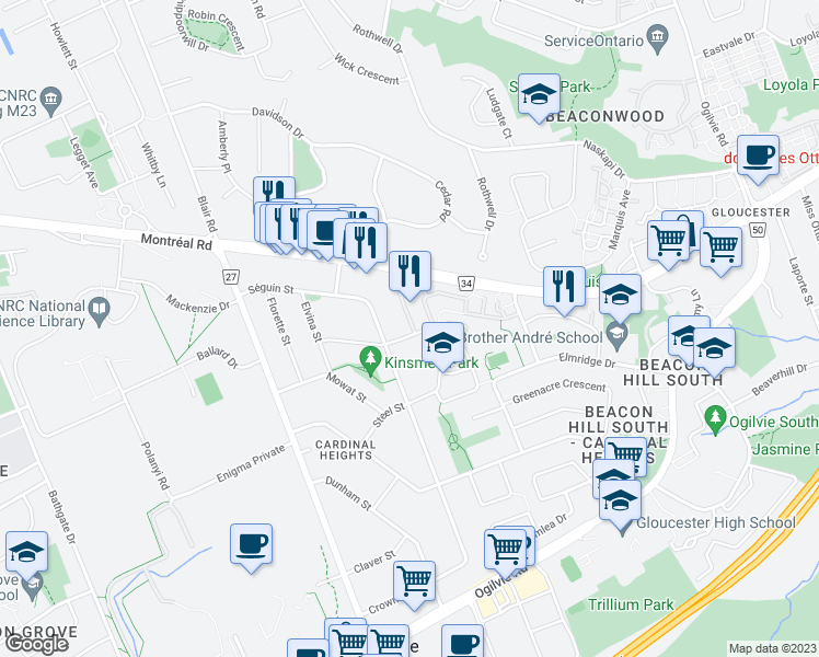 map of restaurants, bars, coffee shops, grocery stores, and more near 1162 Chimney Hill Way in Ottawa