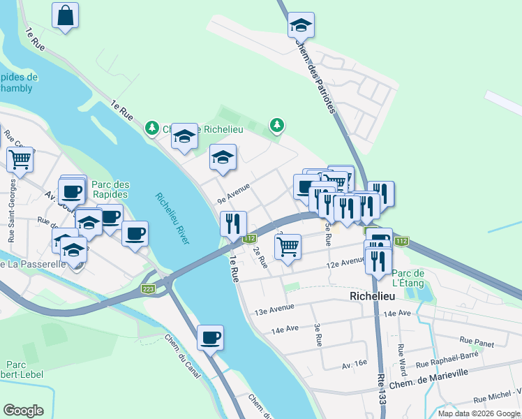 map of restaurants, bars, coffee shops, grocery stores, and more near 275 10e Av in Richelieu