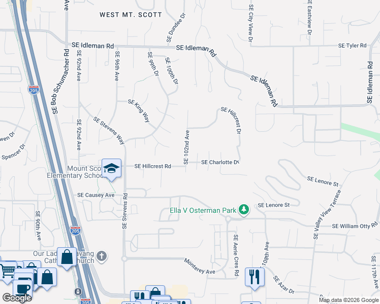 map of restaurants, bars, coffee shops, grocery stores, and more near 10826 Southeast 102nd Avenue in Happy Valley