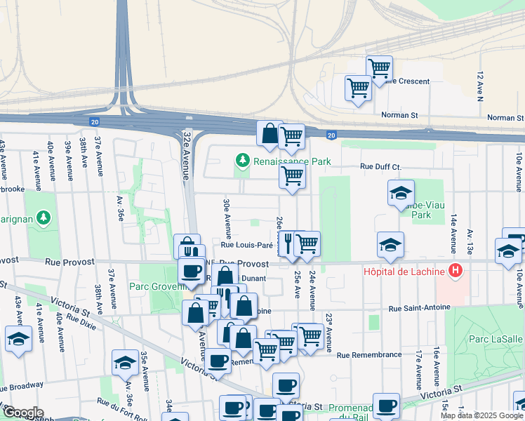 map of restaurants, bars, coffee shops, grocery stores, and more near 2731 Rue Thessereault in Montréal