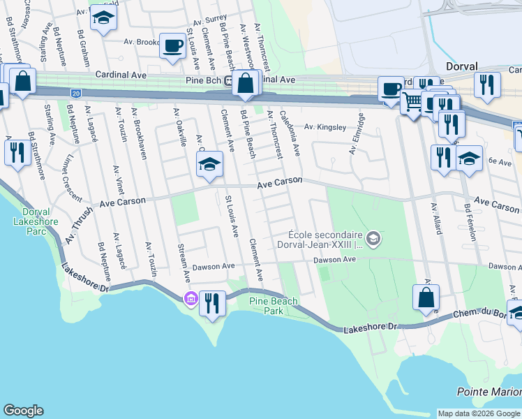 map of restaurants, bars, coffee shops, grocery stores, and more near 270 Boulevard Pine Beach in Dorval
