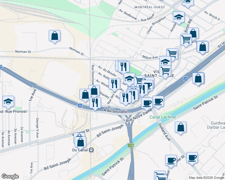 map of restaurants, bars, coffee shops, grocery stores, and more near 14 Avenue Windsor in Montréal
