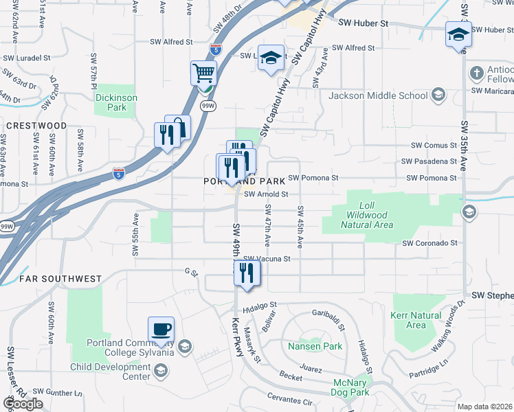 map of restaurants, bars, coffee shops, grocery stores, and more near 4725 Southwest Palatine Street in Portland