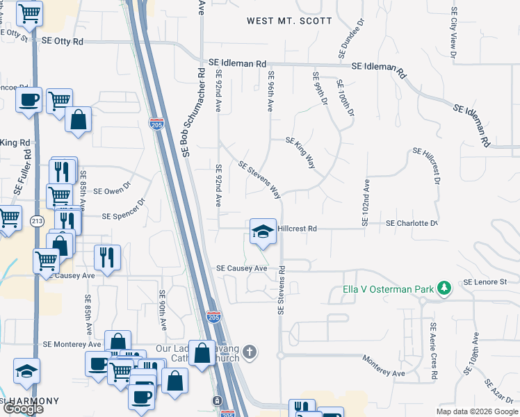 map of restaurants, bars, coffee shops, grocery stores, and more near 9479 Southeast Hillcrest Road in Happy Valley