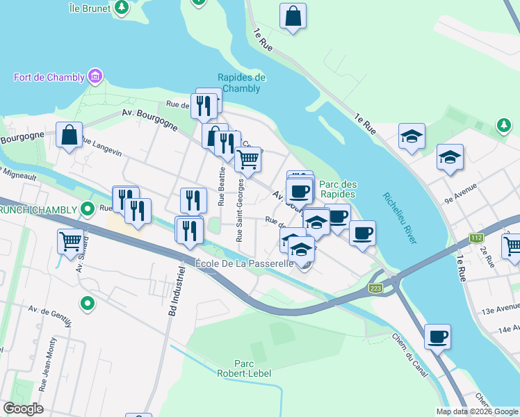map of restaurants, bars, coffee shops, grocery stores, and more near 17 Rue Galipeau in Chambly