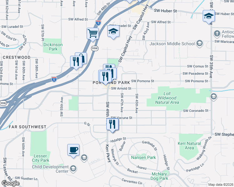 map of restaurants, bars, coffee shops, grocery stores, and more near 4725 Southwest Palatine Street in Portland