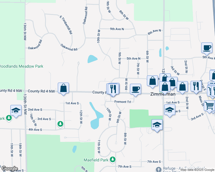 map of restaurants, bars, coffee shops, grocery stores, and more near 13120 Woodview Lane in Zimmerman