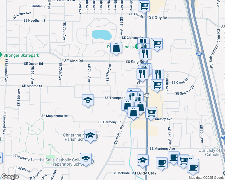 map of restaurants, bars, coffee shops, grocery stores, and more near 10844 Southeast 77th Avenue in Milwaukie