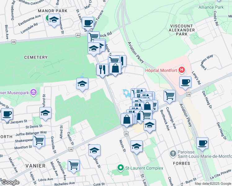 map of restaurants, bars, coffee shops, grocery stores, and more near 515 Saint Laurent Boulevard in Ottawa