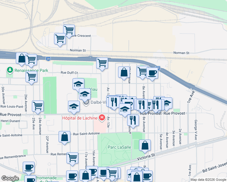 map of restaurants, bars, coffee shops, grocery stores, and more near 781 12e Avenue in Montréal