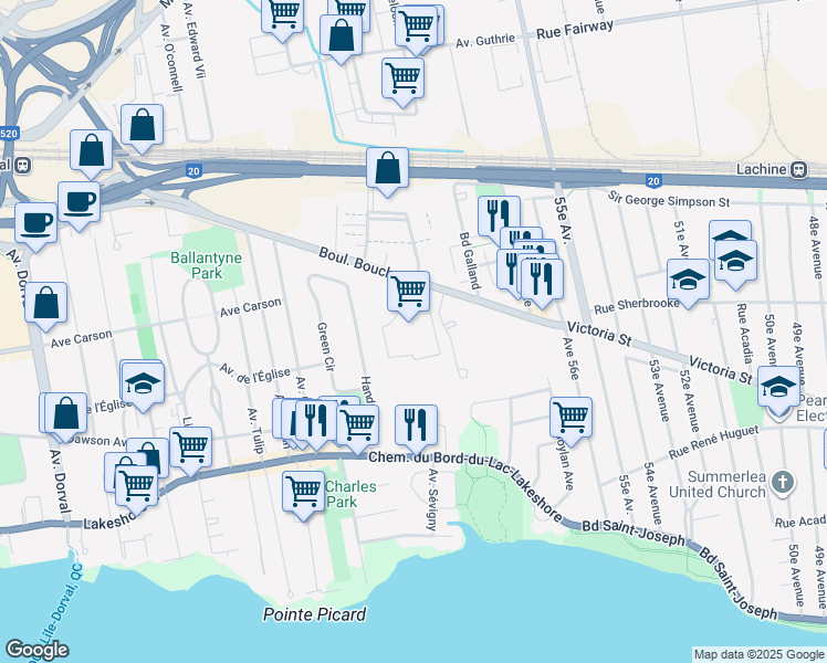 map of restaurants, bars, coffee shops, grocery stores, and more near 200 Boulevard Bouchard in Dorval