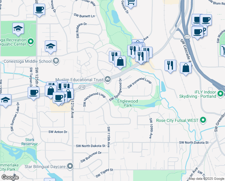 map of restaurants, bars, coffee shops, grocery stores, and more near 11367 Southwest Springwood Drive in Tigard