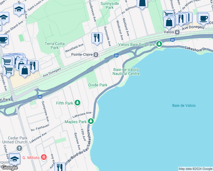 map of restaurants, bars, coffee shops, grocery stores, and more near 98 Chemin du Bord-du-Lac in Pointe-Claire