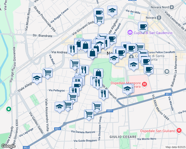 map of restaurants, bars, coffee shops, grocery stores, and more near 6 Viale Buonarroti in Novara