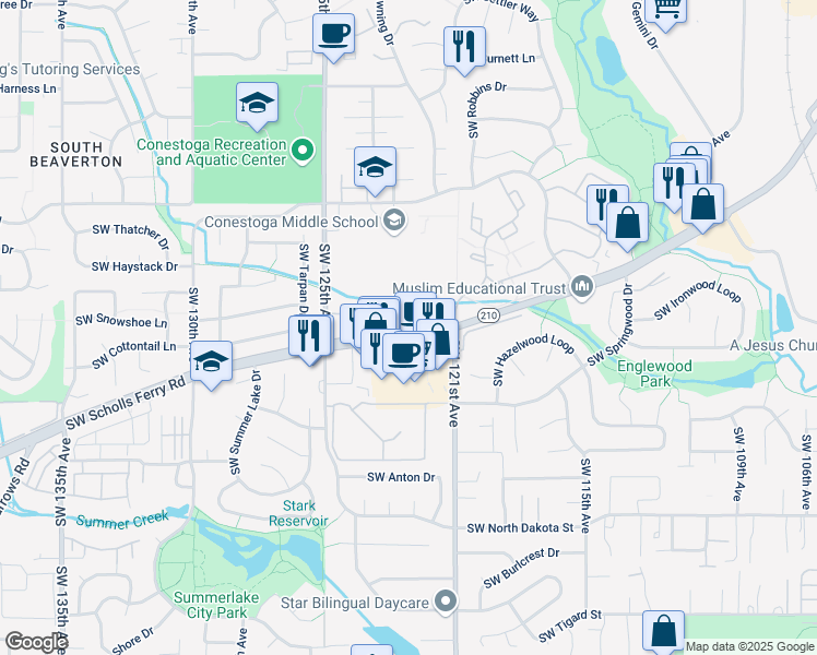 map of restaurants, bars, coffee shops, grocery stores, and more near 44 Southwest Pioneer Lane in Beaverton
