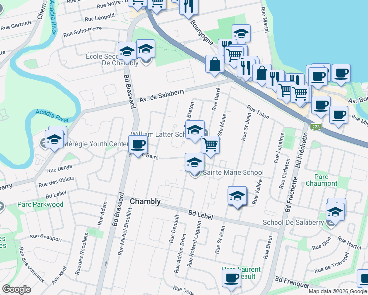 map of restaurants, bars, coffee shops, grocery stores, and more near 955 rue Pierre-Gauthier in Chambly