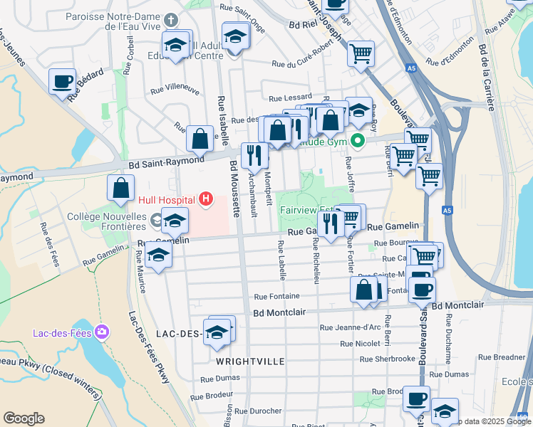 map of restaurants, bars, coffee shops, grocery stores, and more near 15 Rue Montpetit in Gatineau
