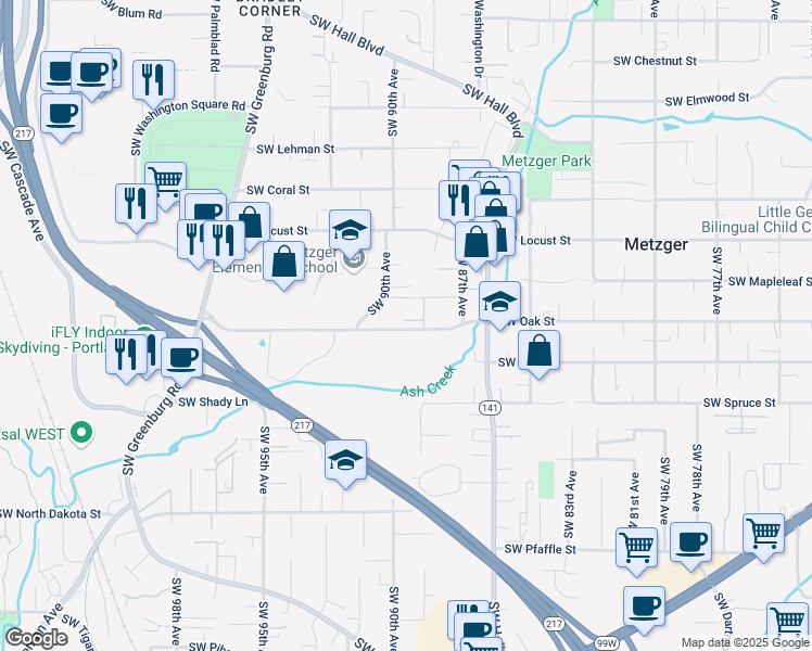 map of restaurants, bars, coffee shops, grocery stores, and more near 8910 Southwest Oak Street in Tigard