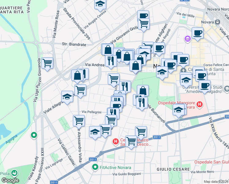 map of restaurants, bars, coffee shops, grocery stores, and more near 10 Via Perazzi in Novara