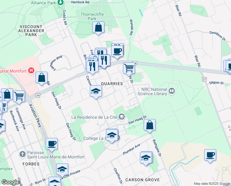 map of restaurants, bars, coffee shops, grocery stores, and more near 924 Bermuda Avenue in Ottawa