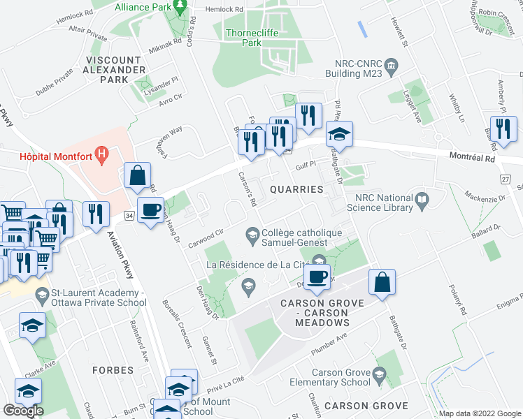 map of restaurants, bars, coffee shops, grocery stores, and more near 653 Carsons Road in Ottawa