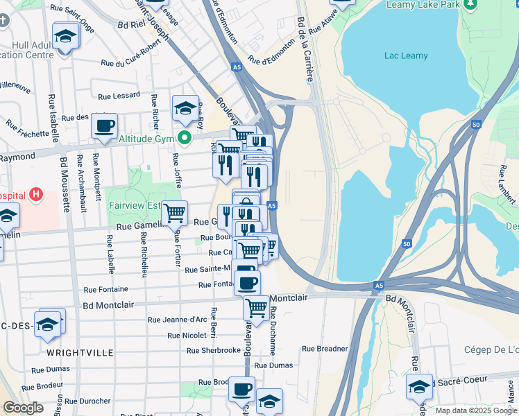 map of restaurants, bars, coffee shops, grocery stores, and more near 424 Boulevard Saint-Joseph in Gatineau