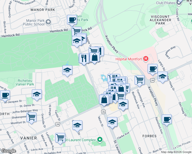 map of restaurants, bars, coffee shops, grocery stores, and more near 515 Saint Laurent Boulevard in Ottawa