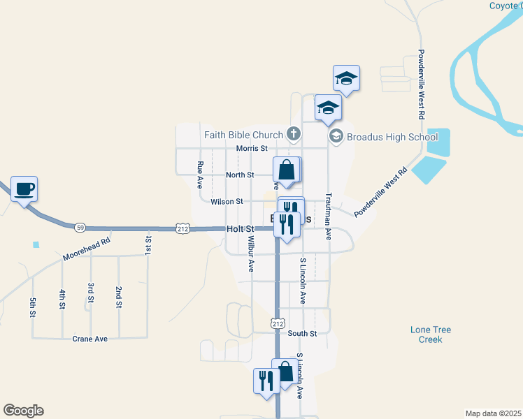map of restaurants, bars, coffee shops, grocery stores, and more near 121 Holt Street in Broadus
