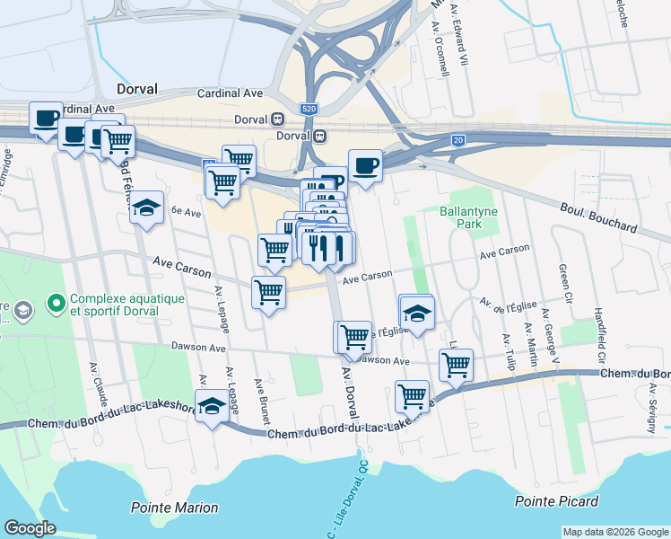 map of restaurants, bars, coffee shops, grocery stores, and more near 313 Avenue Dorval in Dorval