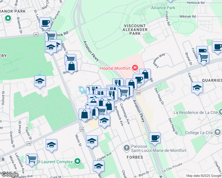 map of restaurants, bars, coffee shops, grocery stores, and more near 540 Thomson Street in Ottawa