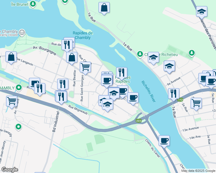 map of restaurants, bars, coffee shops, grocery stores, and more near 2405 Avenue Bourgogne in Chambly