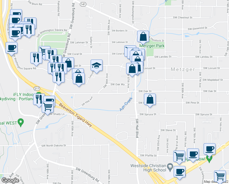 map of restaurants, bars, coffee shops, grocery stores, and more near 8918 Southwest Elena Lane in Tigard