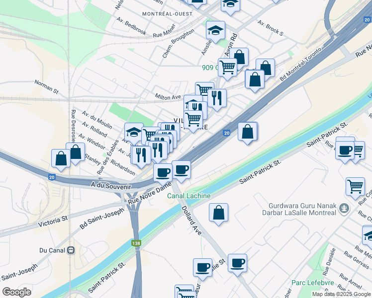 map of restaurants, bars, coffee shops, grocery stores, and more near 265 Rue Camille in Montreal