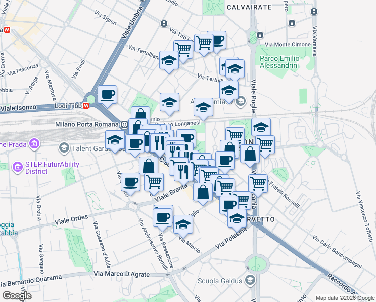 map of restaurants, bars, coffee shops, grocery stores, and more near 21 Via Nervesa in Milano