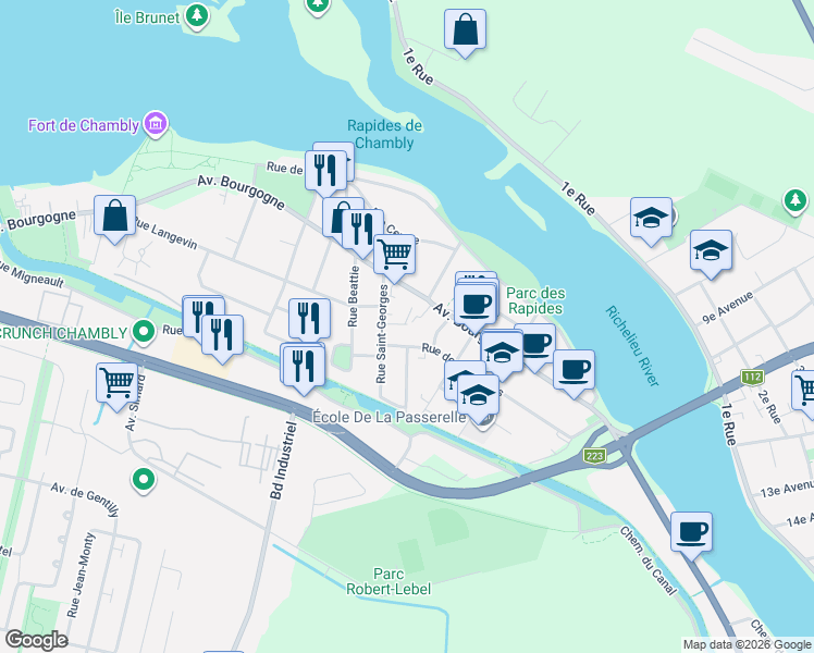 map of restaurants, bars, coffee shops, grocery stores, and more near 15 Rue Galipeau in Chambly