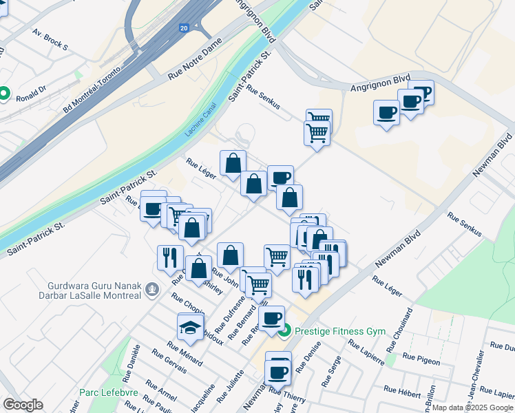 map of restaurants, bars, coffee shops, grocery stores, and more near 7474 Rue Cordner in Montreal