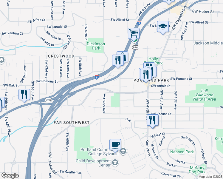 map of restaurants, bars, coffee shops, grocery stores, and more near 5445 Southwest Palatine Street in Portland