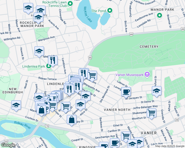 map of restaurants, bars, coffee shops, grocery stores, and more near in Ottawa