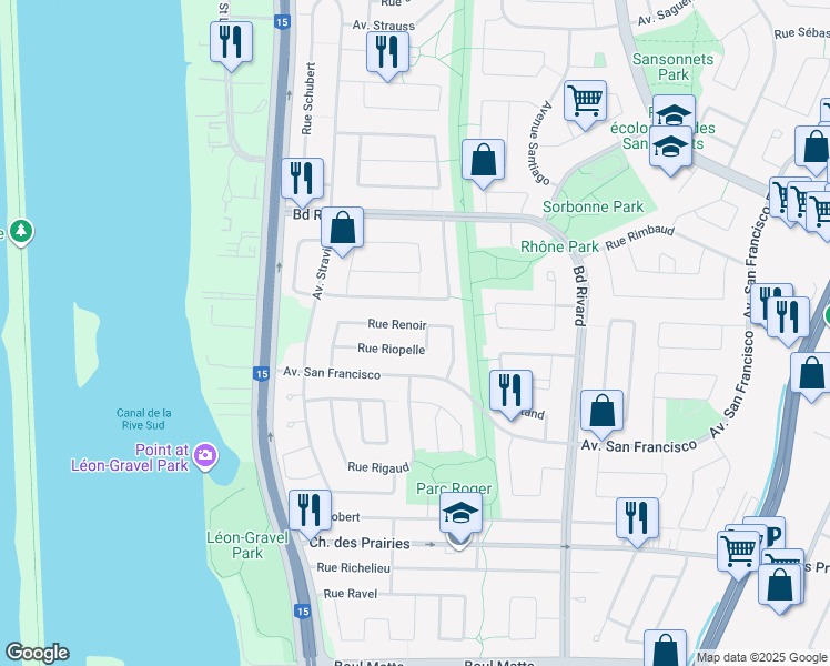 map of restaurants, bars, coffee shops, grocery stores, and more near 990 Rue Renoir in Brossard